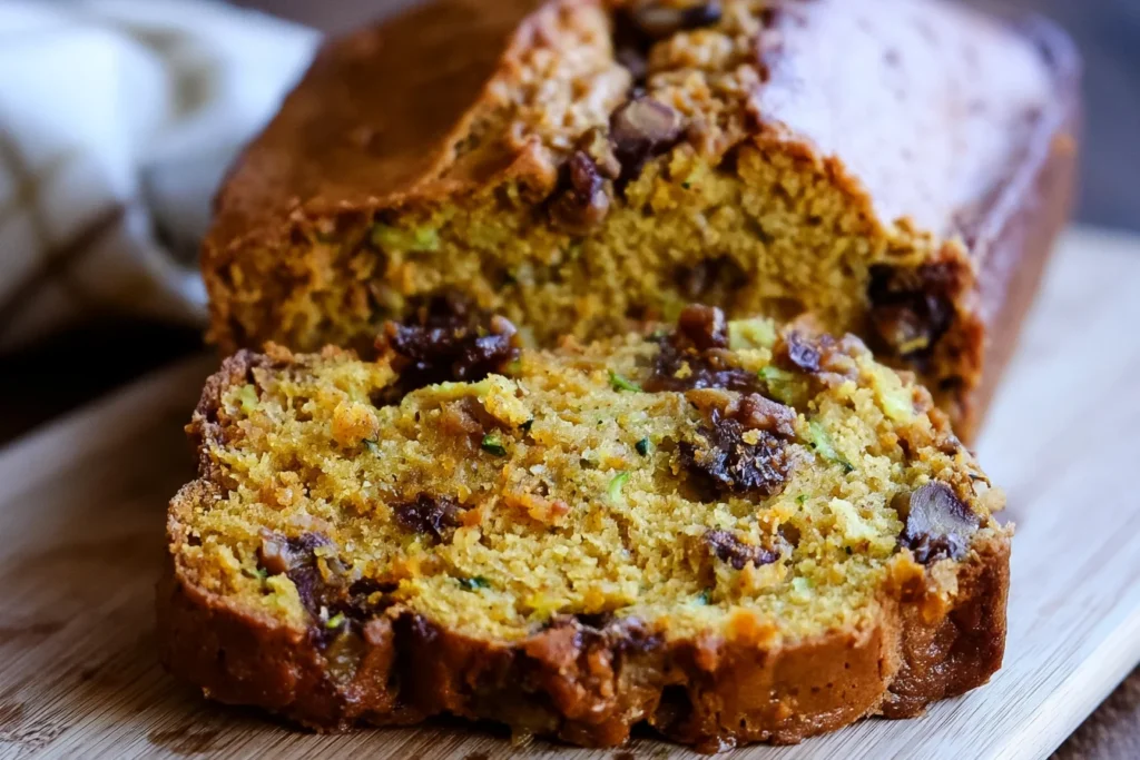 Pumpkin Zucchini Bread sliced on a wooden board with a moist golden crumb, shredded zucchini, warm spices, and crunchy nuts.