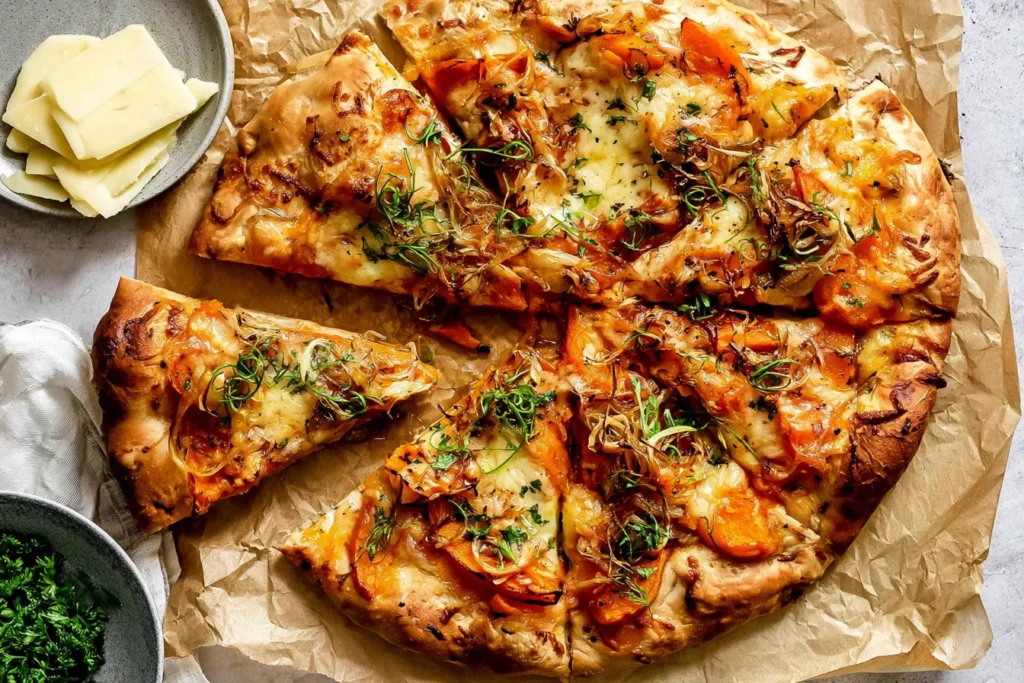 Pumpkin and Gouda Pizza with melted cheese, caramelized onions, pumpkin, and fresh herbs on a golden crispy crust.