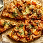 Pumpkin and Gouda Pizza with melted cheese, caramelized onions, pumpkin, and fresh herbs on a golden crispy crust.