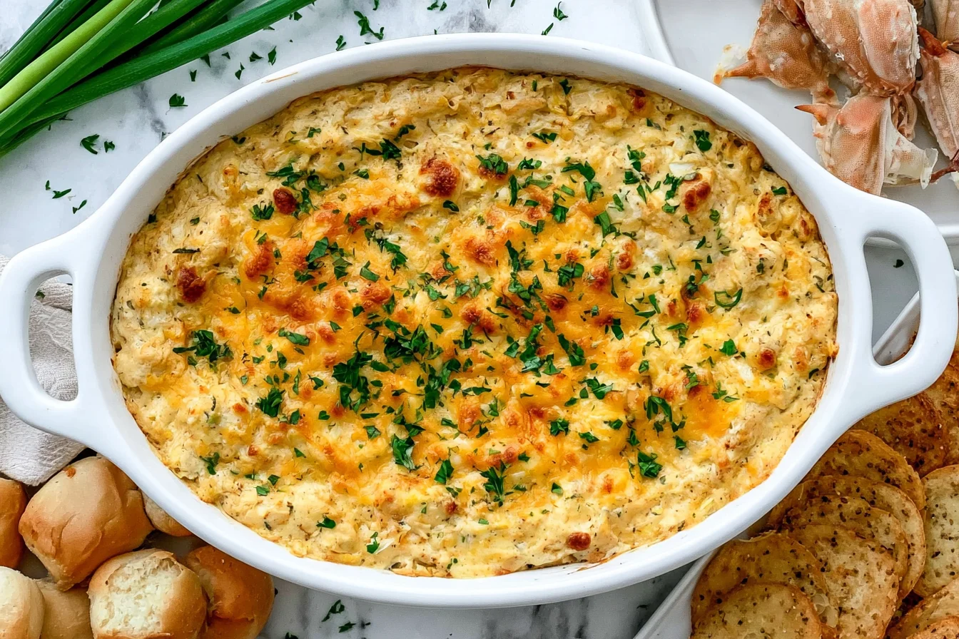 Maryland Crab Dip baked with lump crab, golden melted cheese, fresh parsley, and toasted bread for dipping