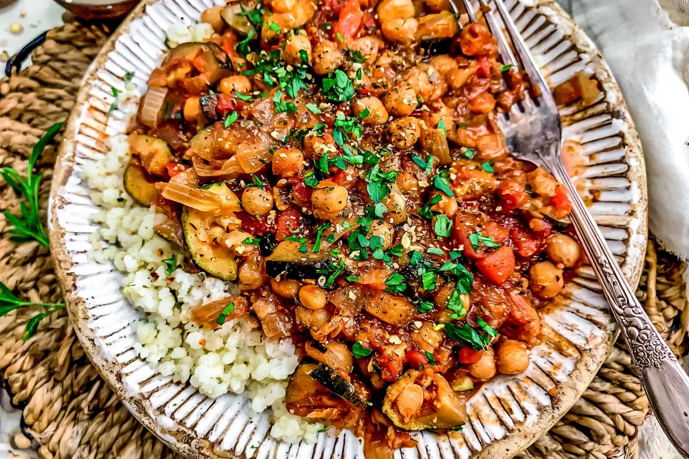 Italian Stewed Zucchini and Chickpeas with tomatoes, tender zucchini, fresh parsley, herbs, and fluffy rice on a rustic plate.