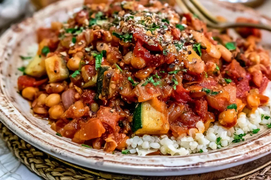 Italian Stewed Zucchini and Chickpeas with tomatoes, tender zucchini, chickpeas, fresh herbs, and rice on a rustic plate.