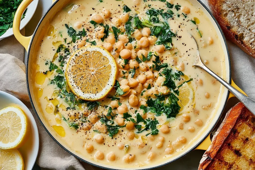 Lemon Pepper Chickpea Skillet with creamy Parmesan sauce, chickpeas, fresh parsley, cracked black pepper, and sliced lemon.