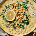 Lemon Pepper Chickpea Skillet with creamy Parmesan sauce, chickpeas, fresh parsley, cracked black pepper, and sliced lemon.