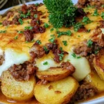 Loaded Beef and Potato Bake with seasoned ground beef, golden sliced potatoes, melted cheese, and fresh parsley.