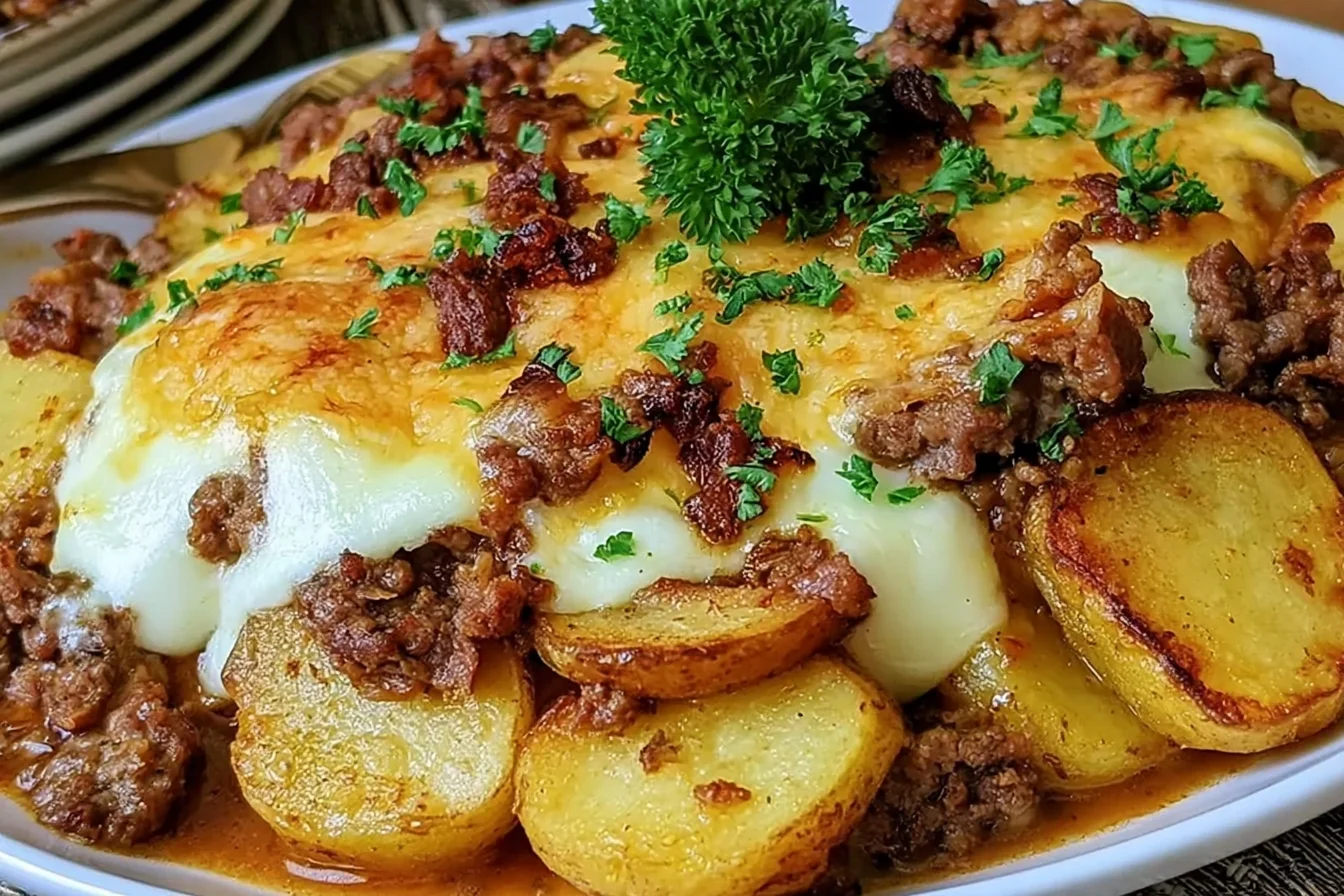 Loaded Beef and Potato Bake with seasoned ground beef, golden sliced potatoes, melted cheese, and fresh parsley.