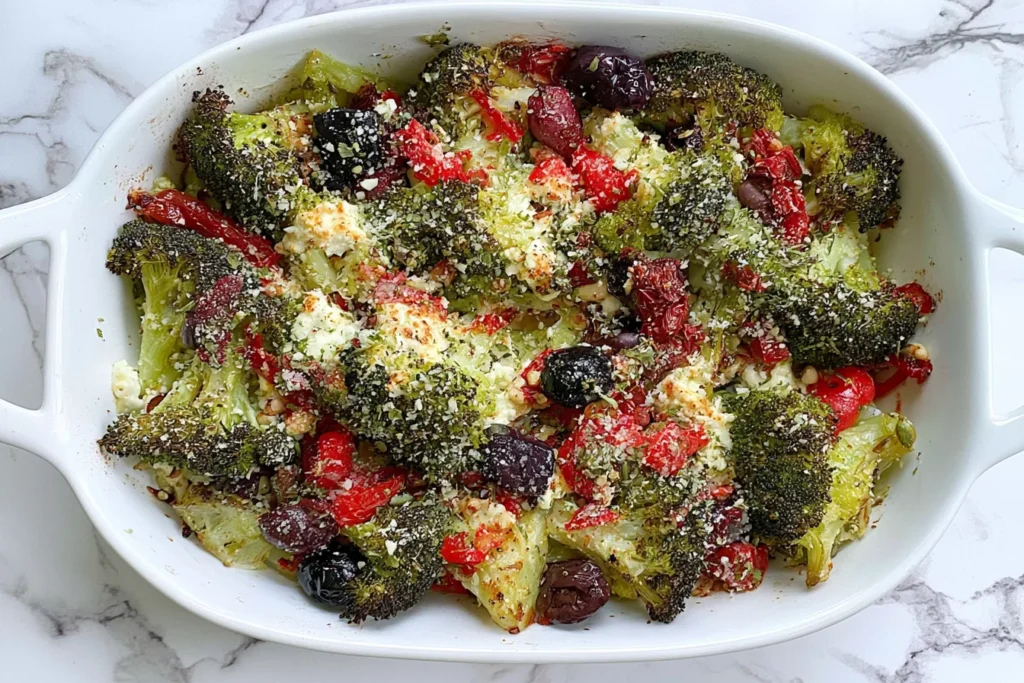 Mediterranean Broccoli Bake with roasted broccoli, red peppers, Kalamata olives, feta, Parmesan, and herbs in a white baking dish.