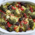 Mediterranean Broccoli Bake with roasted broccoli, red peppers, Kalamata olives, feta, Parmesan, and herbs in a white baking dish.
