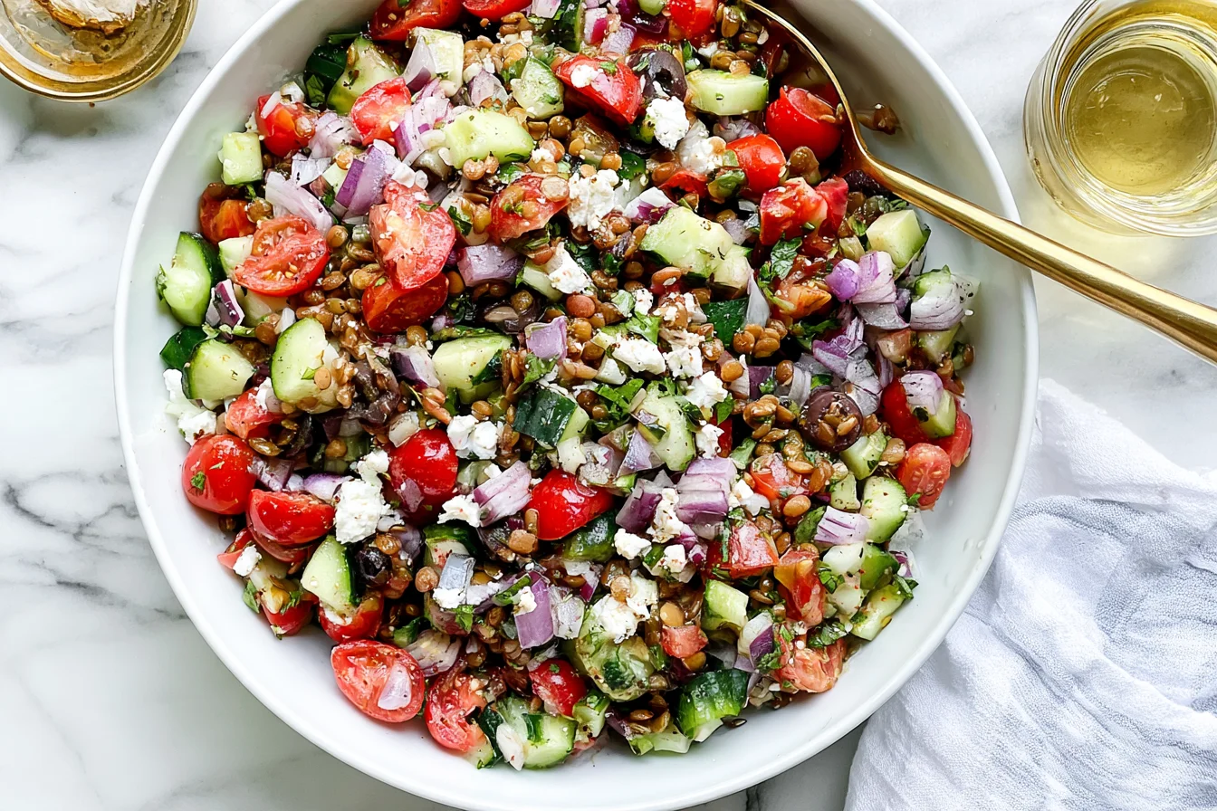 Mediterranean Lentil Salad with lentils, cucumber, cherry tomatoes, feta, Kalamata olives, red onion, and fresh herbs