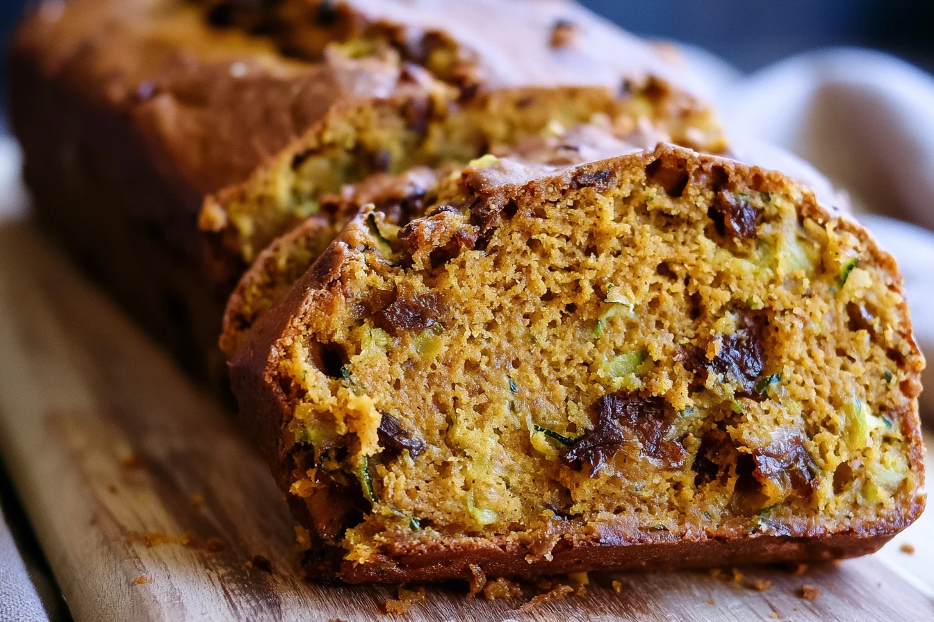 Pumpkin Zucchini Bread sliced on a wooden board, showing a moist golden crumb with shredded zucchini and warm fall spices.