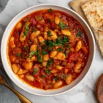 Moroccan Stewed White Beans- Loubia in rich tomato sauce with fresh herbs, served with warm flatbread.