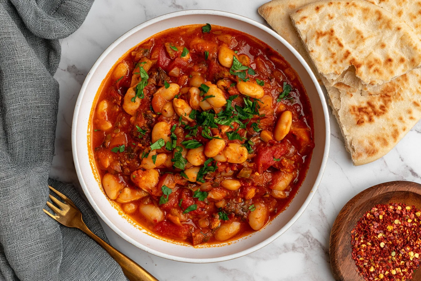 Moroccan Stewed White Beans- Loubia in rich tomato sauce with fresh herbs, served with warm flatbread.