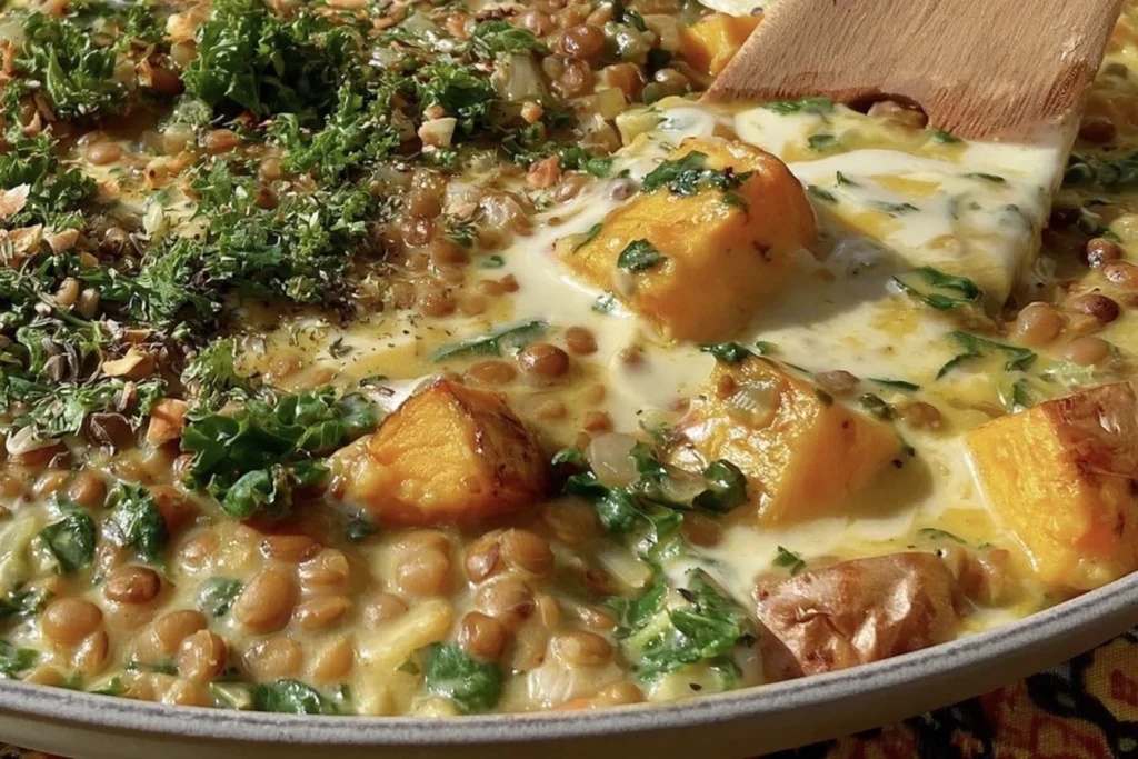 One Pan Creamy Lentils Japanese Sweet Potatoes + Kale with tender sweet potato cubes, leafy kale, and lentils in a creamy sauce.