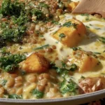 One Pan Creamy Lentils Japanese Sweet Potatoes + Kale with tender sweet potato cubes, leafy kale, and lentils in a creamy sauce.