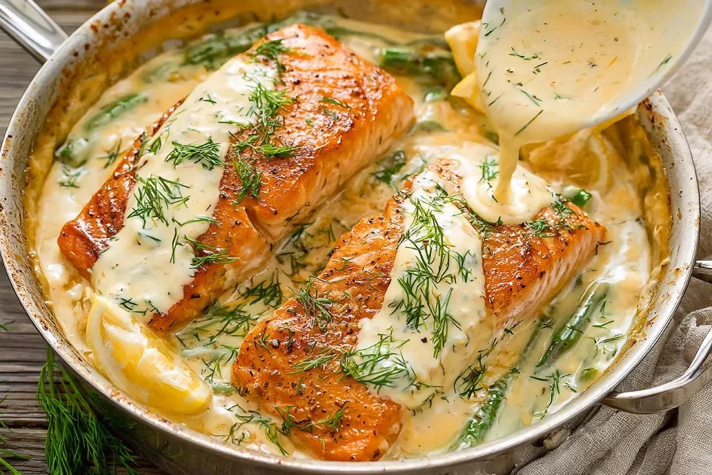 Salmon with Lemon Dill Sauce with seared salmon, fresh dill, lemon, and creamy sauce