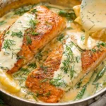 Salmon with Lemon Dill Sauce with seared salmon, fresh dill, lemon, and creamy sauce