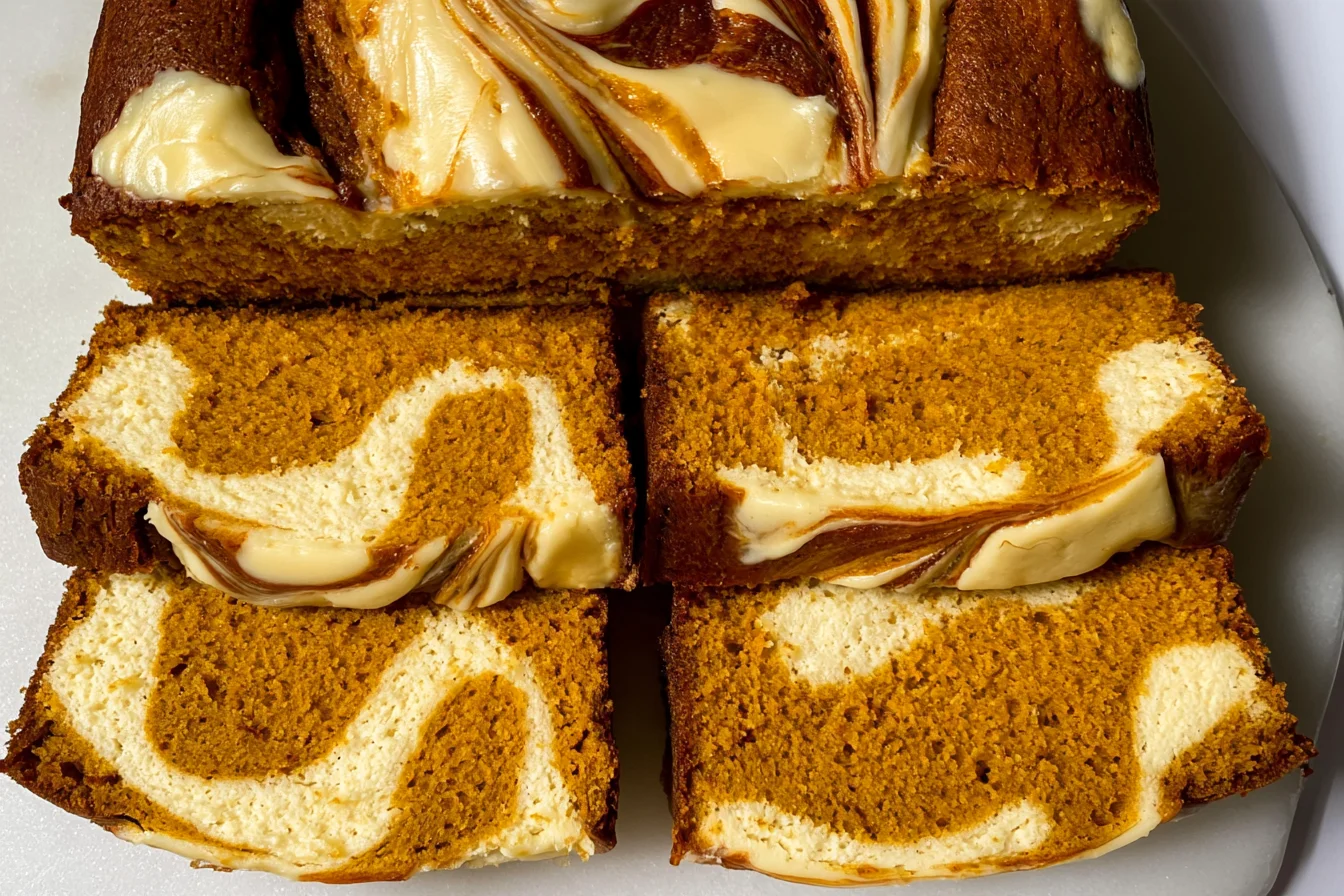 Pumpkin Cheesecake Bread sliced to reveal a moist spiced pumpkin crumb with rich, creamy cheesecake swirls.
