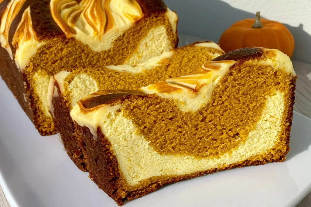 Pumpkin Cheesecake Bread slices with moist spiced pumpkin crumb, thick creamy cheesecake swirls, and a small pumpkin in the background.
