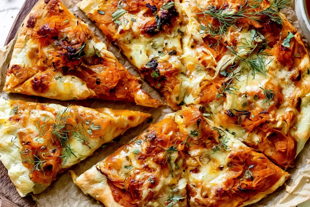 Pumpkin and Gouda Pizza slices topped with creamy melted Gouda, savory pumpkin, caramelized onions, and fresh herbs.