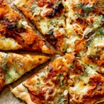 Pumpkin and Gouda Pizza slices topped with creamy melted Gouda, savory pumpkin, caramelized onions, and fresh herbs.