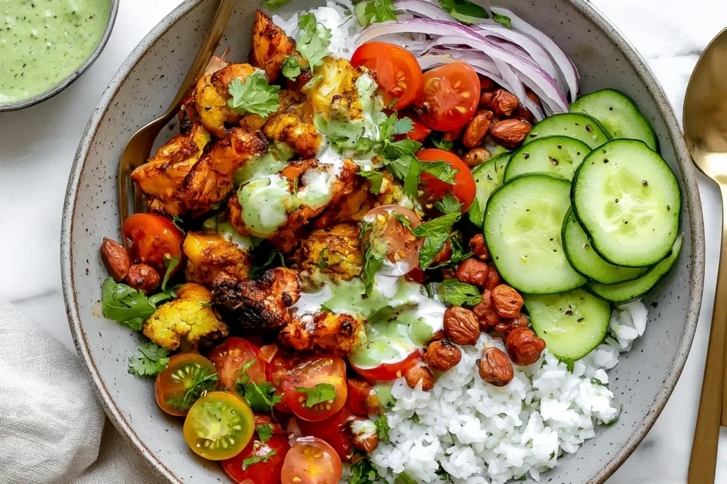 Cauliflower Shawarma Bowls with roasted spiced cauliflower, chickpeas, basmati rice, cucumber, tomatoes, red onion, and green tahini sauce