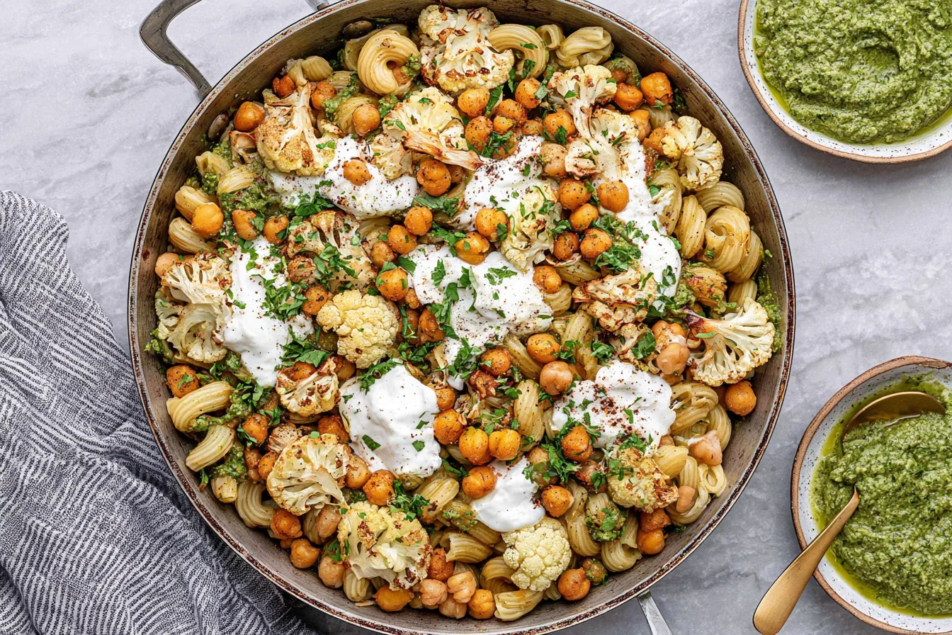 Roasted Cauliflower and Chickpea Pesto Pasta with crispy chickpeas, golden cauliflower, creamy ricotta, fresh herbs, and basil pesto.
