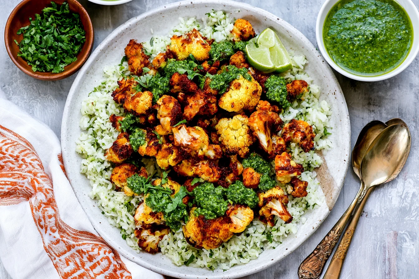 Roasted Cauliflower with Chimichurri Rice topped with golden roasted cauliflower, fresh herbs, and vibrant green chimichurri sauce