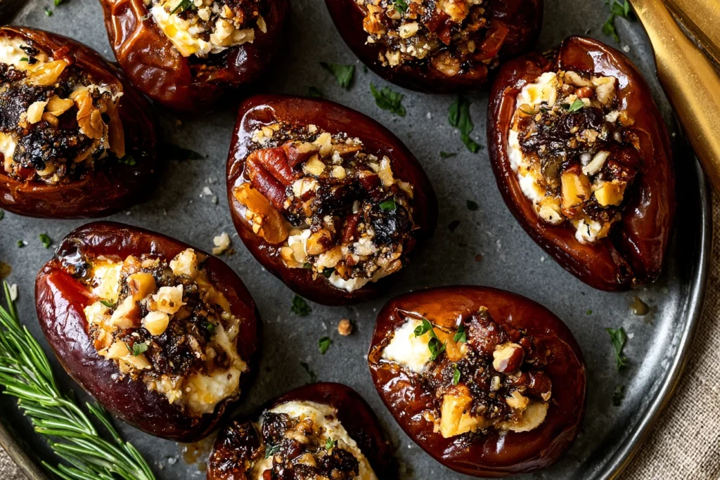 Roasted Stuffed Dates filled with creamy goat cheese and chopped walnuts, topped with fresh herbs and a glossy honey drizzle.