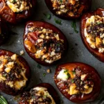 Roasted Stuffed Dates filled with creamy goat cheese and chopped walnuts, topped with fresh herbs and a glossy honey drizzle.