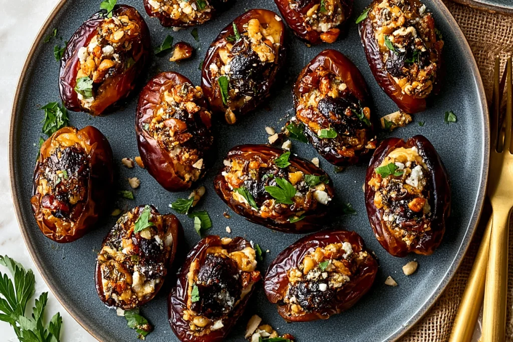 Roasted Stuffed Dates filled with creamy goat cheese and crunchy walnuts, finished with herbs and a sweet honey drizzle.