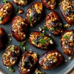 Roasted Stuffed Dates filled with creamy goat cheese and crunchy walnuts, finished with herbs and a sweet honey drizzle.