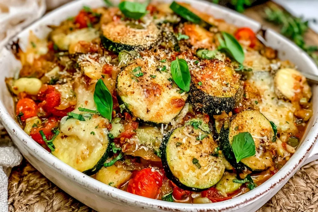 Rustic Italian Vegetable Bake with roasted zucchini, tomatoes, potatoes, fresh basil, and savory Italian herbs in a baking dish