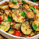 Rustic Italian Vegetable Bake with roasted zucchini, tomatoes, potatoes, fresh basil, and savory Italian herbs in a baking dish