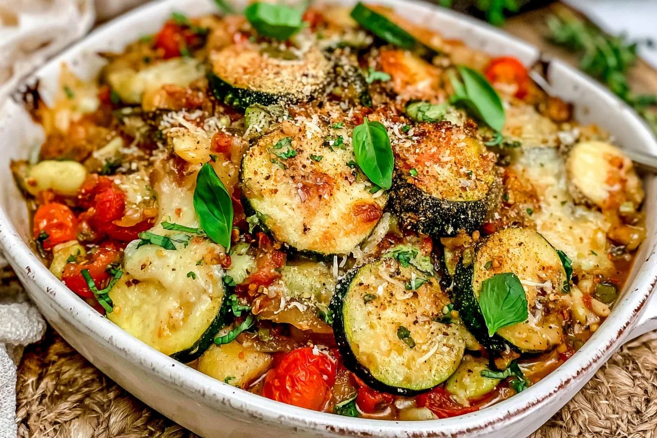 Rustic Italian Vegetable Bake with roasted zucchini, tomatoes, potatoes, fresh basil, and savory Italian herbs in a baking dish