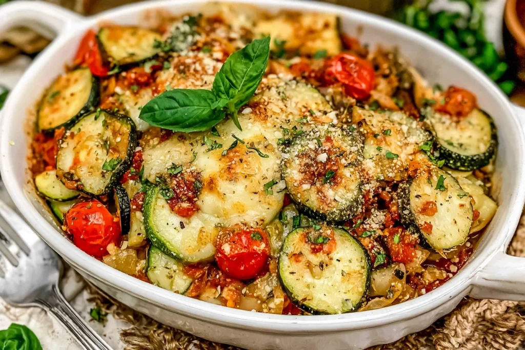 Rustic Italian Vegetable Bake with roasted zucchini, cherry tomatoes, fresh basil, and savory Italian herbs in a white casserole dish
