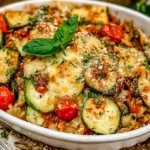 Rustic Italian Vegetable Bake with roasted zucchini, cherry tomatoes, fresh basil, and savory Italian herbs in a white casserole dish