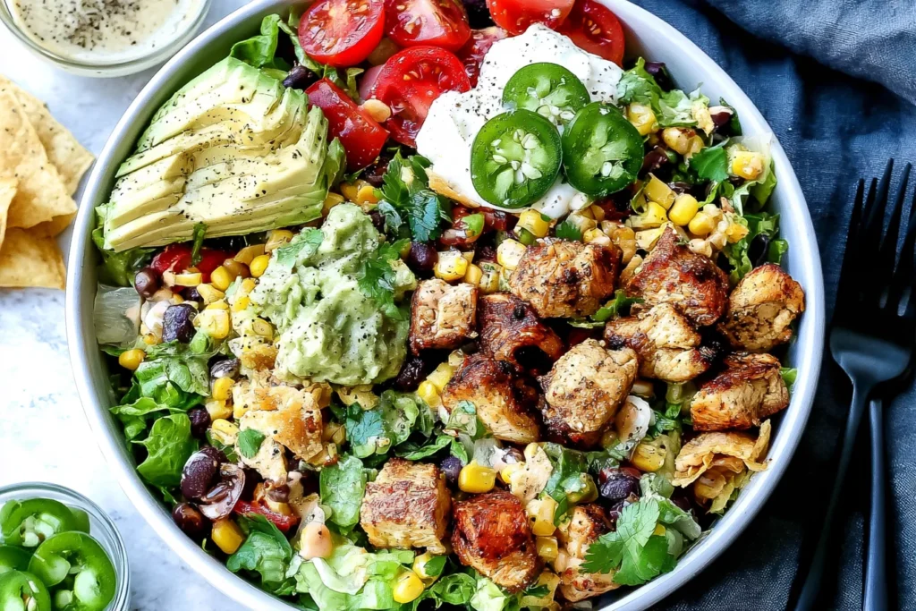 Santa Fe Salad with grilled chicken, avocado, black beans, corn, tomatoes, jalapeño, romaine, and creamy dressing.