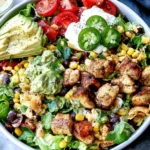 Santa Fe Salad with grilled chicken, avocado, black beans, corn, tomatoes, jalapeño, romaine, and creamy dressing.