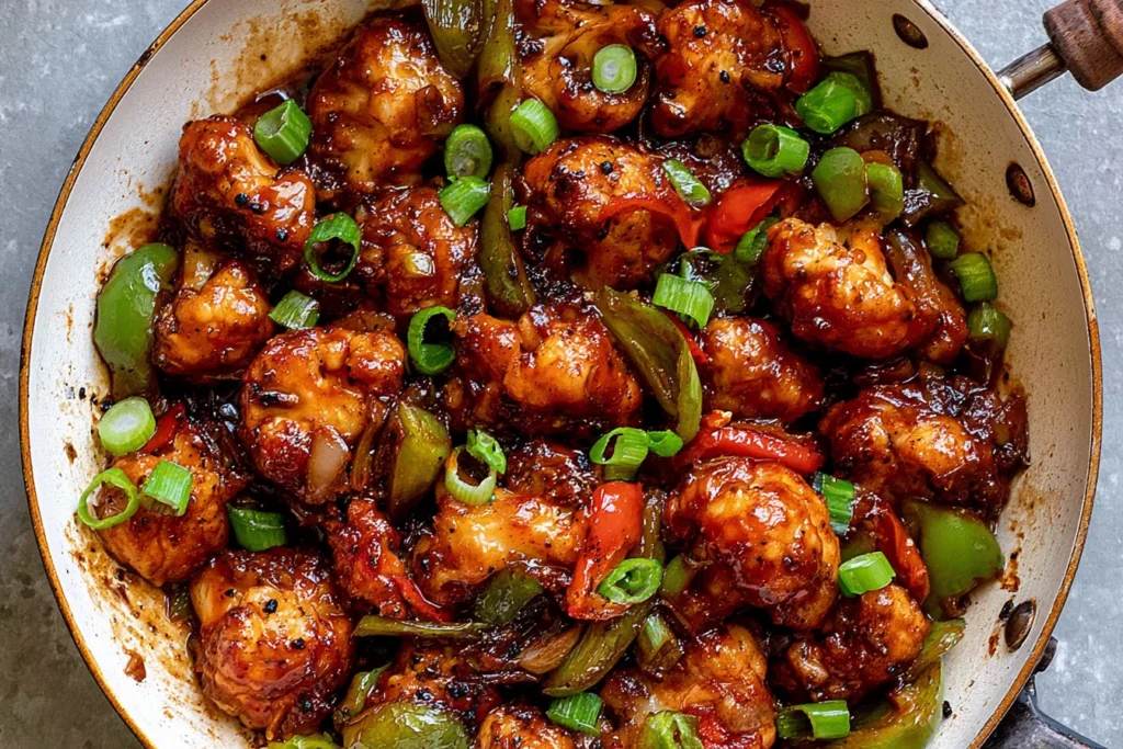 Black Pepper Cauliflower coated in a glossy savory sauce with bell peppers, onions, and fresh green onions in a skillet.