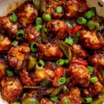 Black Pepper Cauliflower coated in a glossy savory sauce with bell peppers, onions, and fresh green onions in a skillet.