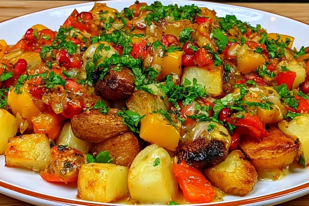 Sheet Pan Roast with Creamy Garlic & Feta Sauce with golden potatoes, roasted peppers, vegetables, and fresh parsley