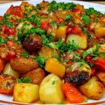 Sheet Pan Roast with Creamy Garlic & Feta Sauce with golden potatoes, roasted peppers, vegetables, and fresh parsley