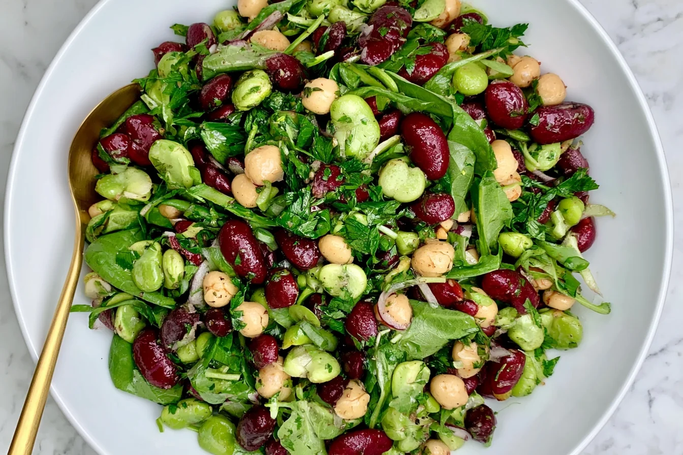 Simple Kidney Bean Salad with kidney beans, chickpeas, fresh greens, herbs, and a light homemade dressing in a white bowl.
