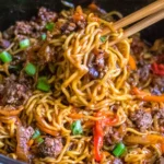 Slow Cooker Beef Ramen Noodles with ground beef, carrots, red bell peppers, scallions, and savory garlic soy sauce