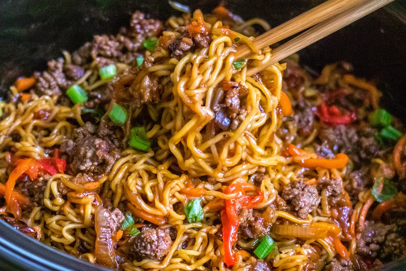 Slow Cooker Beef Ramen Noodles with ground beef, carrots, red bell peppers, scallions, and savory garlic soy sauce