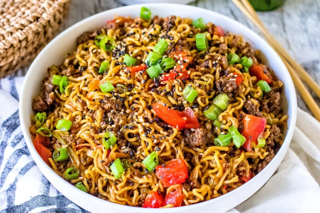 Slow Cooker Beef Ramen Noodles with ground beef, red bell peppers, scallions, sesame seeds, and savory soy garlic sauce