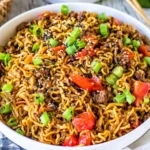 Slow Cooker Beef Ramen Noodles with ground beef, red bell peppers, scallions, sesame seeds, and savory soy garlic sauce
