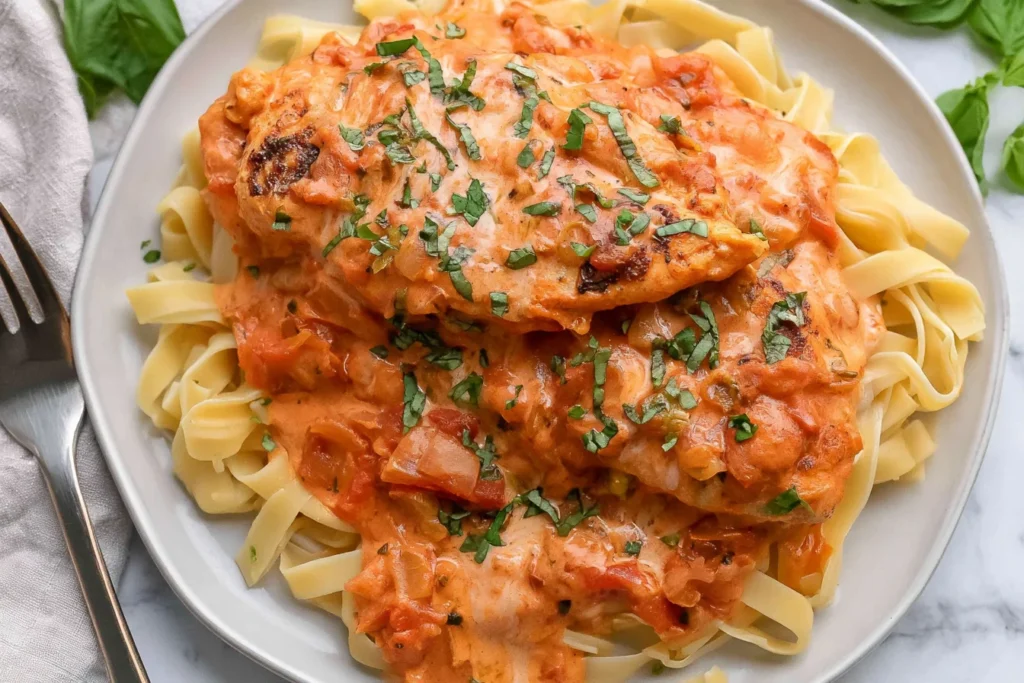 Slow Cooker Creamy Tomato Basil Chicken Breast served over fettuccine pasta with creamy tomato sauce and fresh basil
