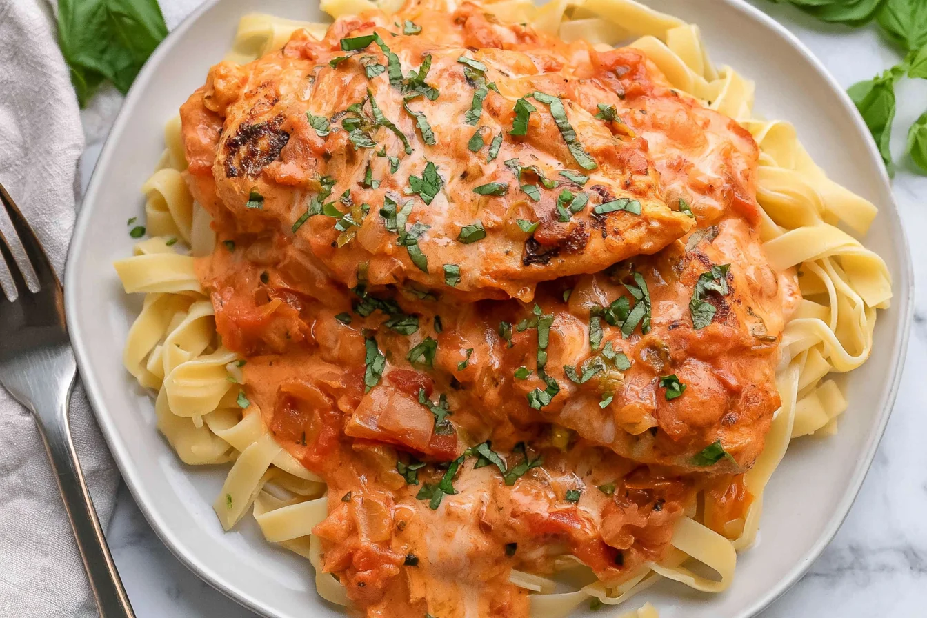 Slow Cooker Creamy Tomato Basil Chicken Breast served over fettuccine pasta with creamy tomato sauce and fresh basil