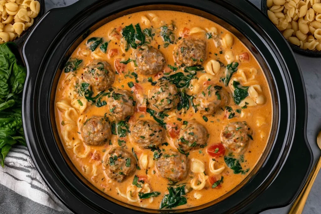 Slow Cooker Meatball Soup with Italian meatballs, pasta, spinach, tomatoes, and creamy tomato broth in a crockpot